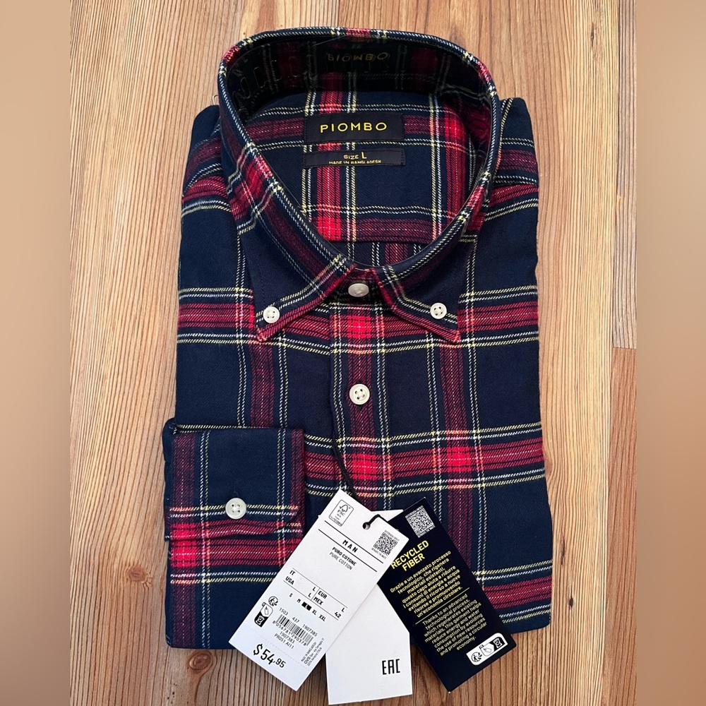Men’s Navy and Red Plaid Button-Down Shirt Pure Cotton